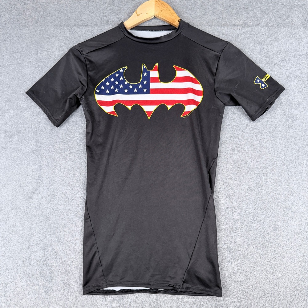 Under Armour Batman American Flag Compression Shirt HeatGear Black Small Mens